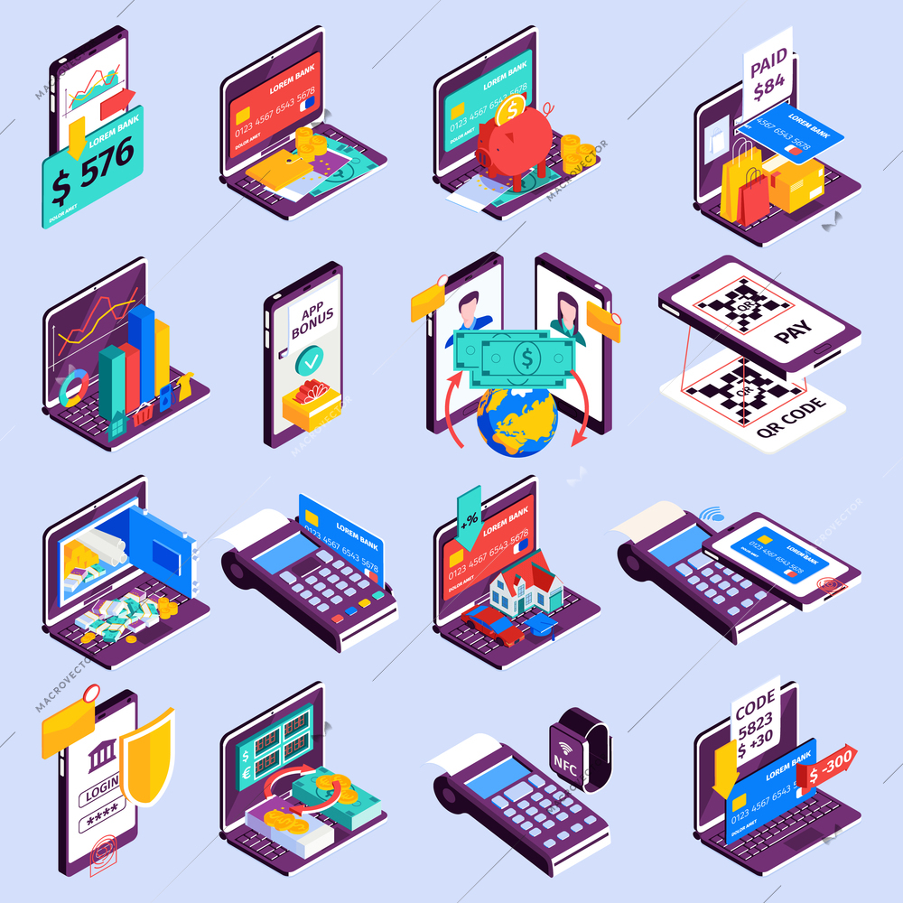 Online banking icons set with cash flow symbols isometric isolated vector illustration