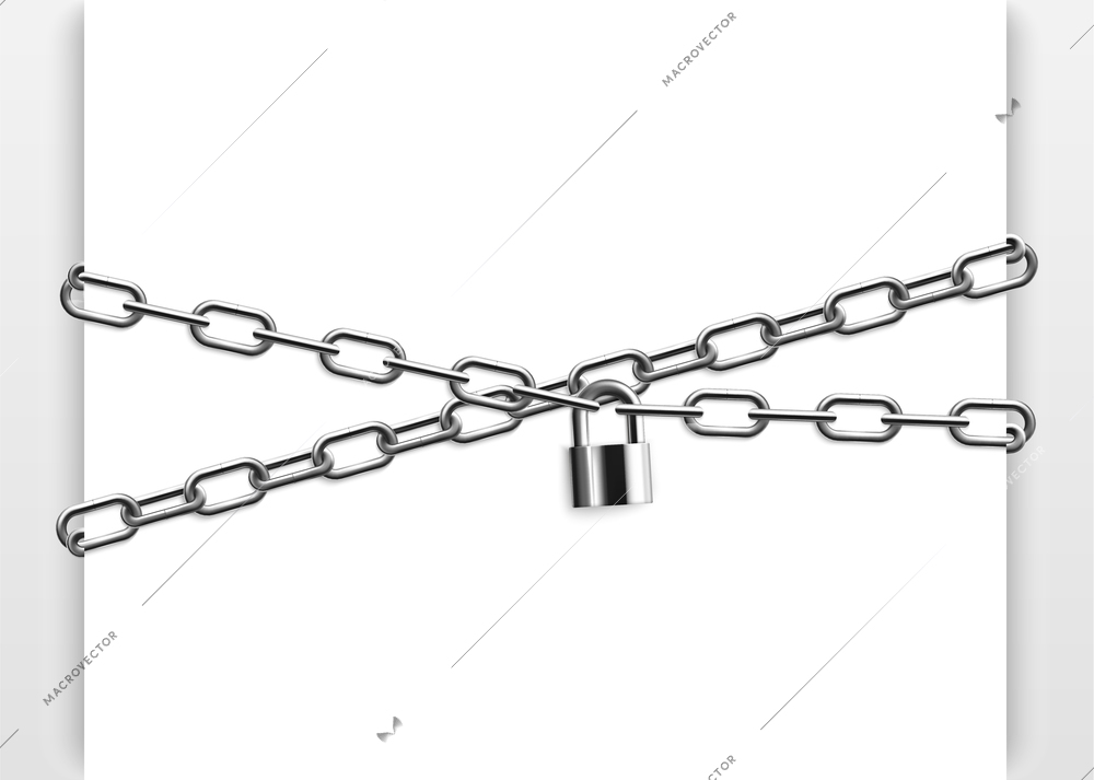 Abstract composition with crossed metal chains and padlock on white background realistic vector illustration