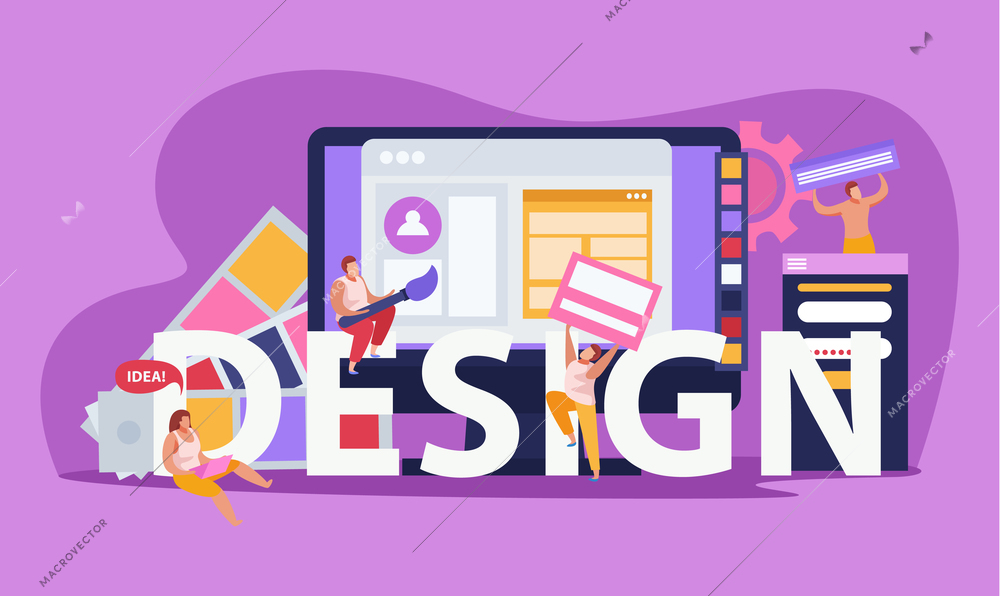 Graphic design colored flat composition with big headline design and abstract tools vector illustration