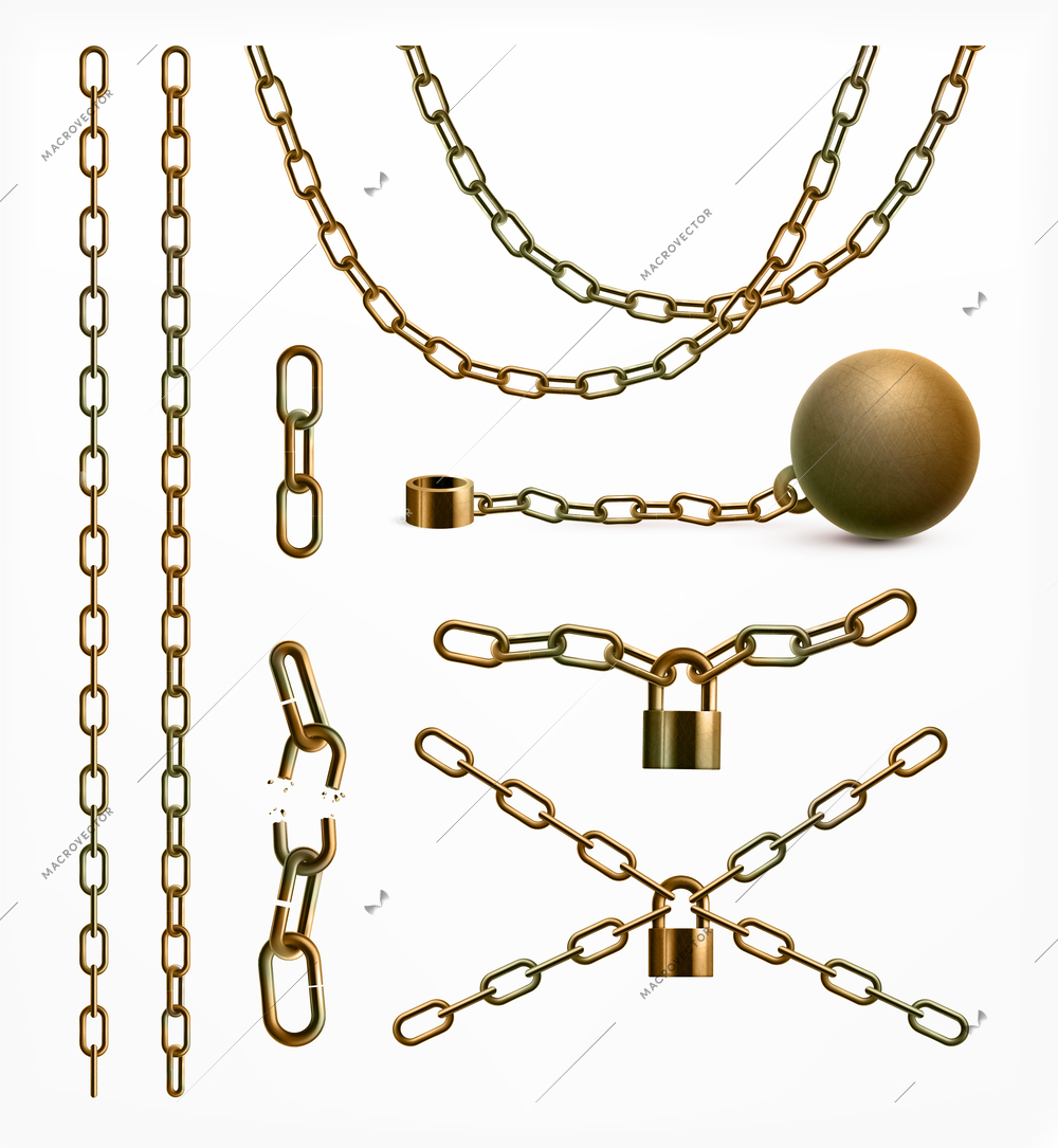 Abstract realistic collection of gold or rusty chains whole and broken attached to ball and padlocks isolated vector illustration