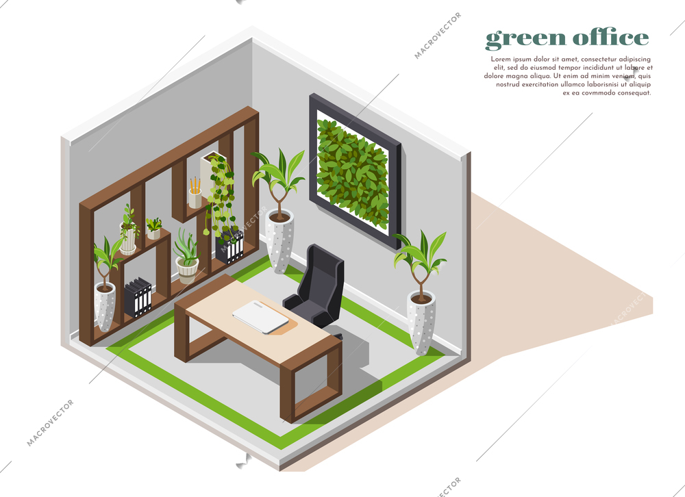 Green office isometric colored composition isolated room with green plants ecology equipment vector illustration