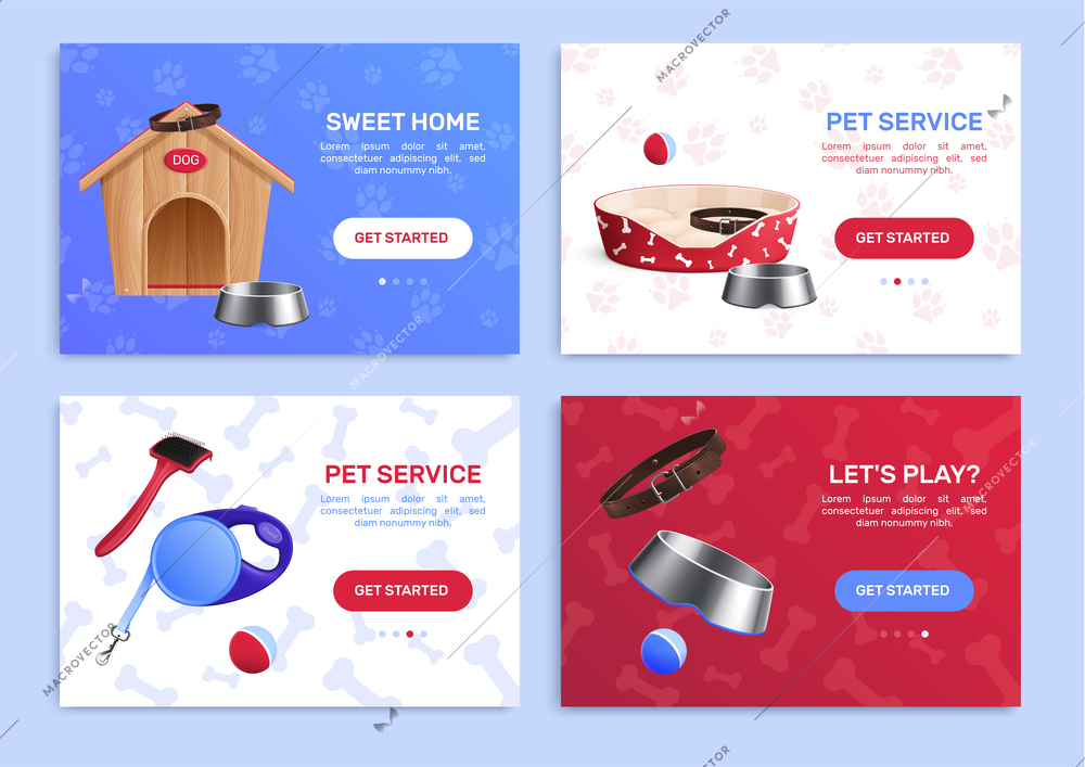 Dog accessories realistic cards with bowl for feeding tools for grooming toys for playing booth for sleep realistic vector illustration