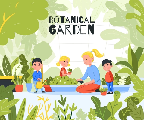 Kindergarten garden outdoor composition with images of green leaves plants and group of children with teacher vector illustration