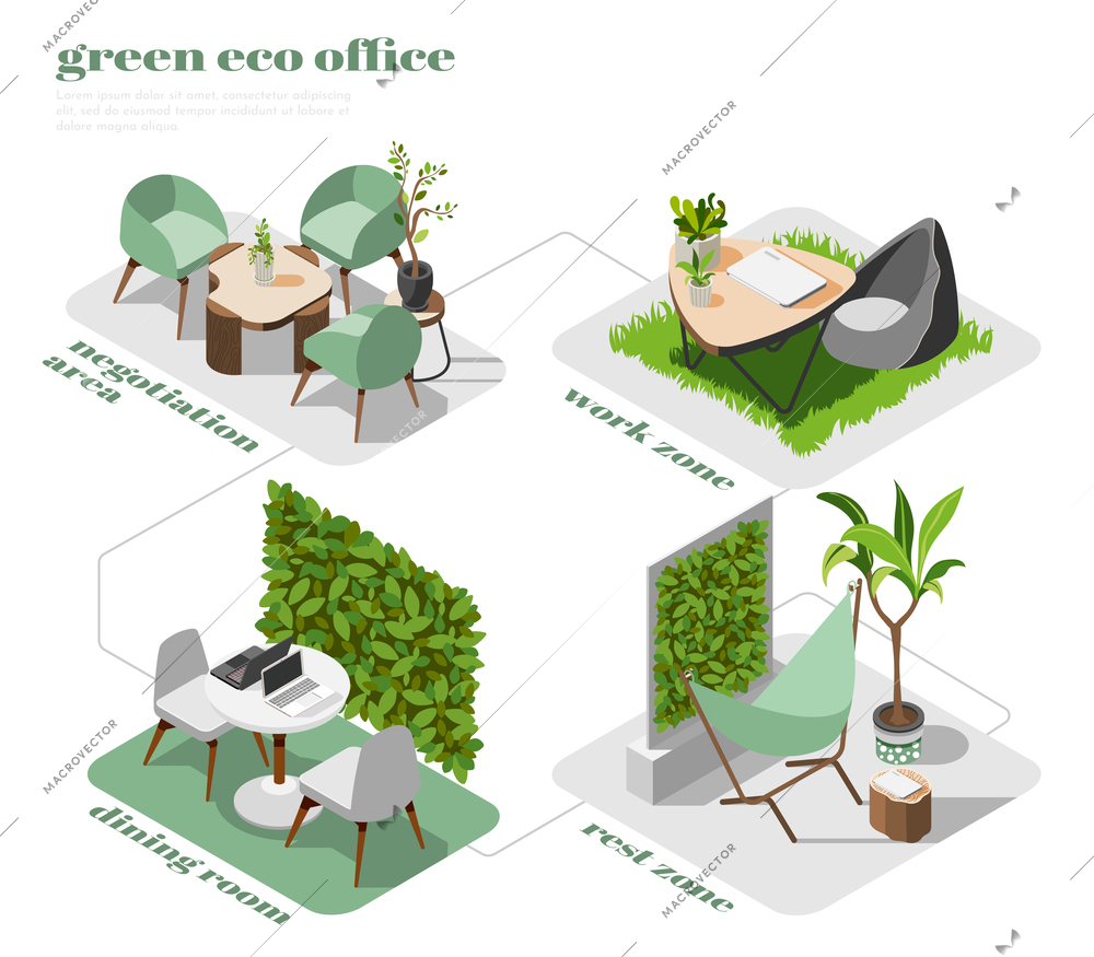 Green office isometric icon set with negotiation area work zone rest zone and dining room descriptions vector illustration