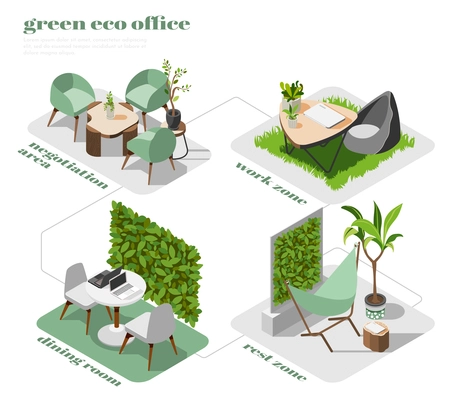 Green office isometric icon set with negotiation area work zone rest zone and dining room descriptions vector illustration