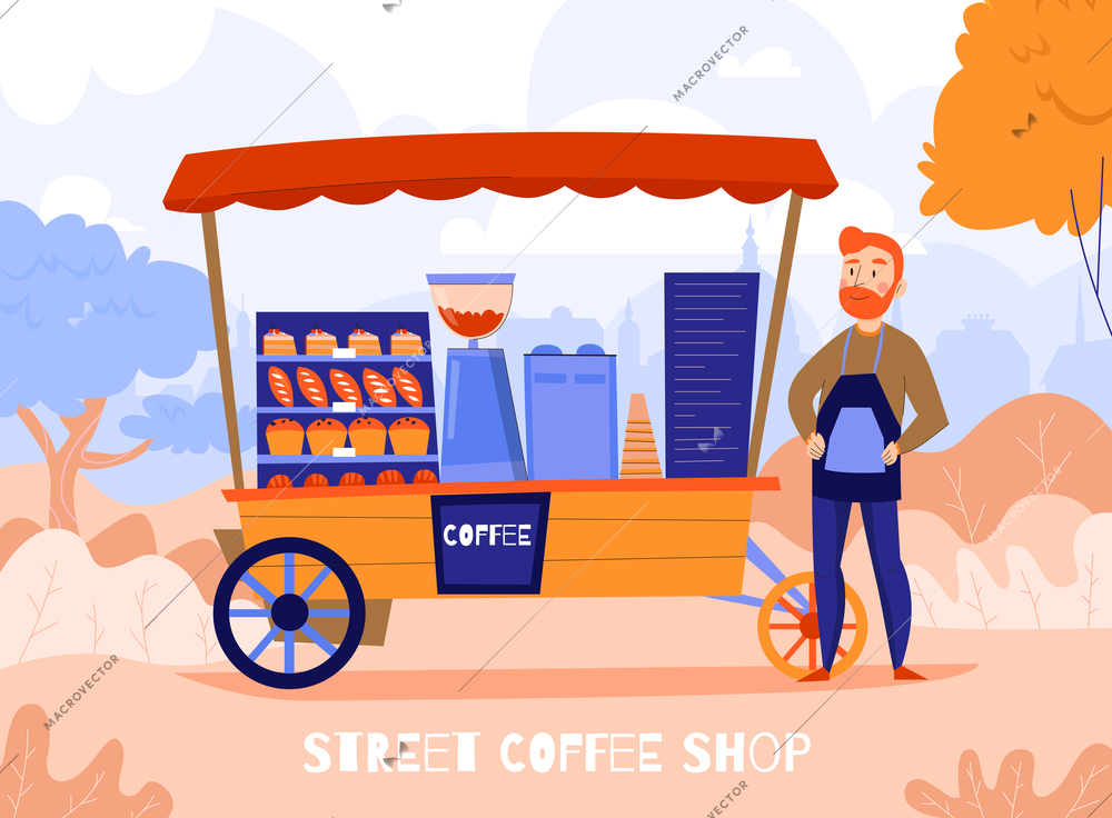 Sellers coffee composition with outdoor autumn landscape and mobile unit with coffee machine and barista character vector illustration