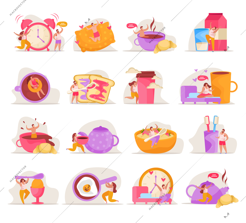 Morning people flat icons set with isolated doodle compositions of human characters morning food and clocks vector illustration