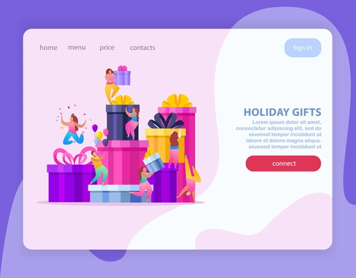People with gifts flat web site background with composition of colourful gift boxes and clickable links vector illustration