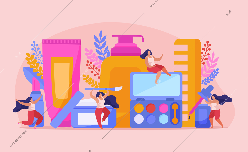 Beauty salon flat composition with abstract situation four girls sit on beauty tools and have fun vector illustration