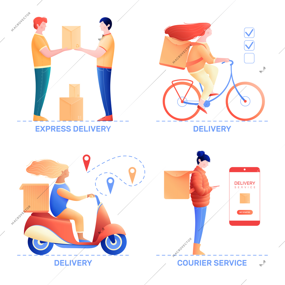 Courier service 2x2 design concept with people engaged in express delivery of products and goods vector illustration