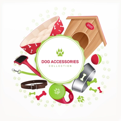 Dog accessories decorative round frame composition with kennel collar tools for grooming realistic vector illustration