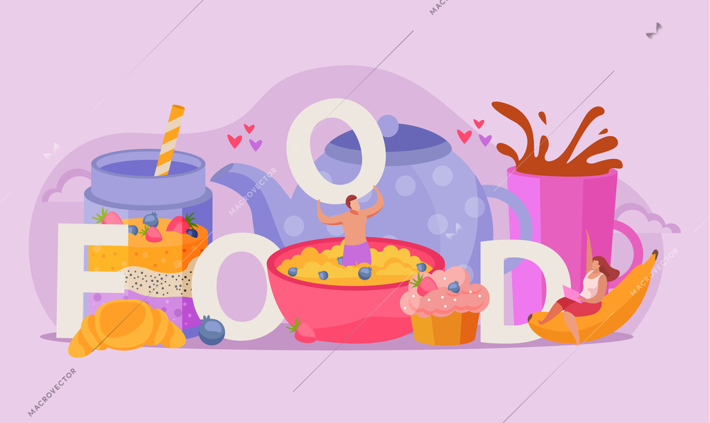 People with breakfast flat composition word food and abstract beverages porrige fruits and dessers vector illustration