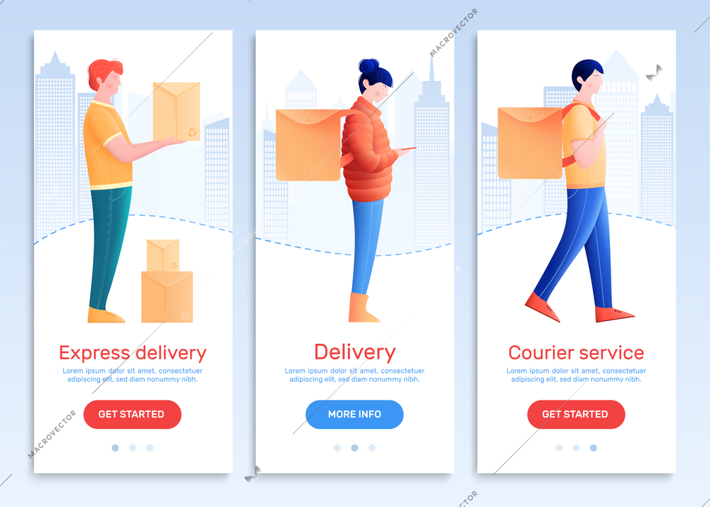 City couriers vertical banners with people carrying ordered goods in boxes behind their backs isolated vector illustration