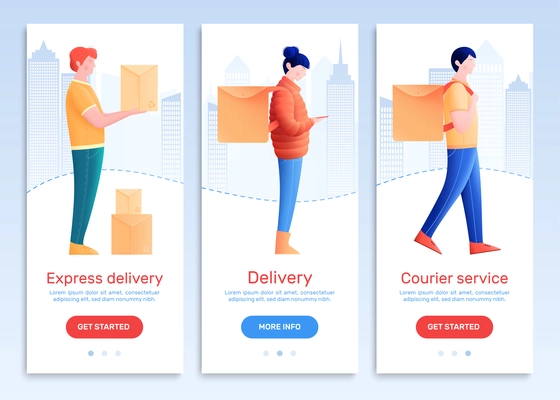 City couriers vertical banners with people carrying ordered goods in boxes behind their backs isolated vector illustration