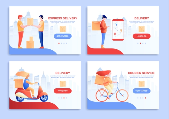 Courier delivery cards flat set with people doing their work on foot and by individual transport vector illustration