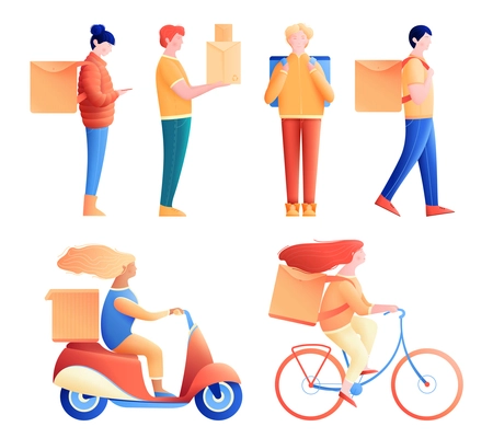 Couriers flat color set of people delivering food or goods to customers isolated vector illustration