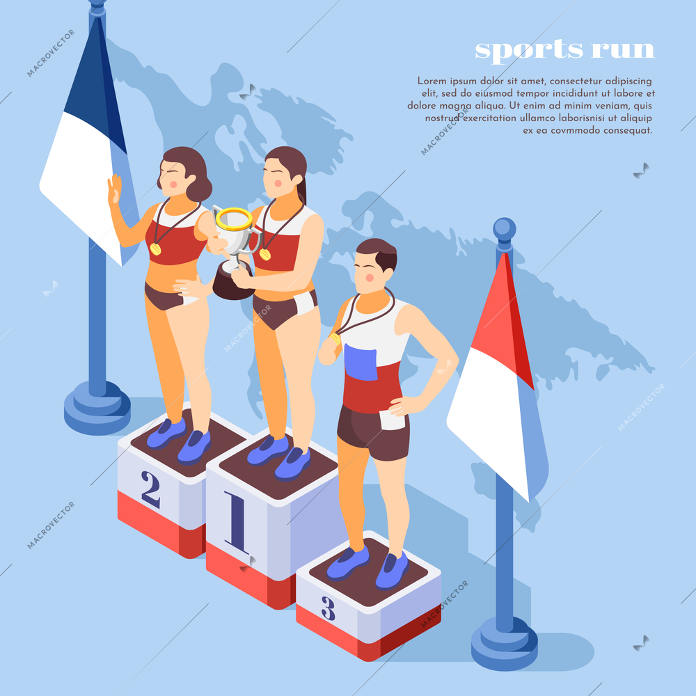 Sport jogging marathon winners award ceremony isometric composition with runners on podium holding cup medals vector illustration