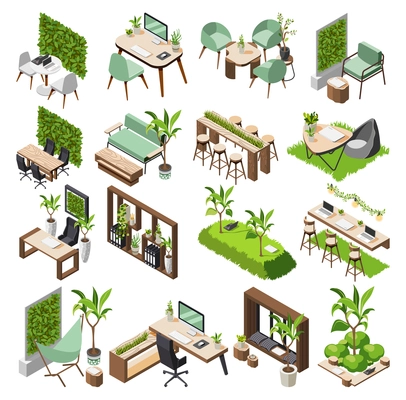 Green office isometric icon set with green plants and flowers eco equipment and tool furniture vector illustration