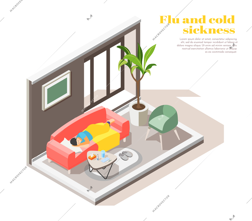 Sick woman with flu cold fever lying under blanket on sofa at home isometric composition vector illustration