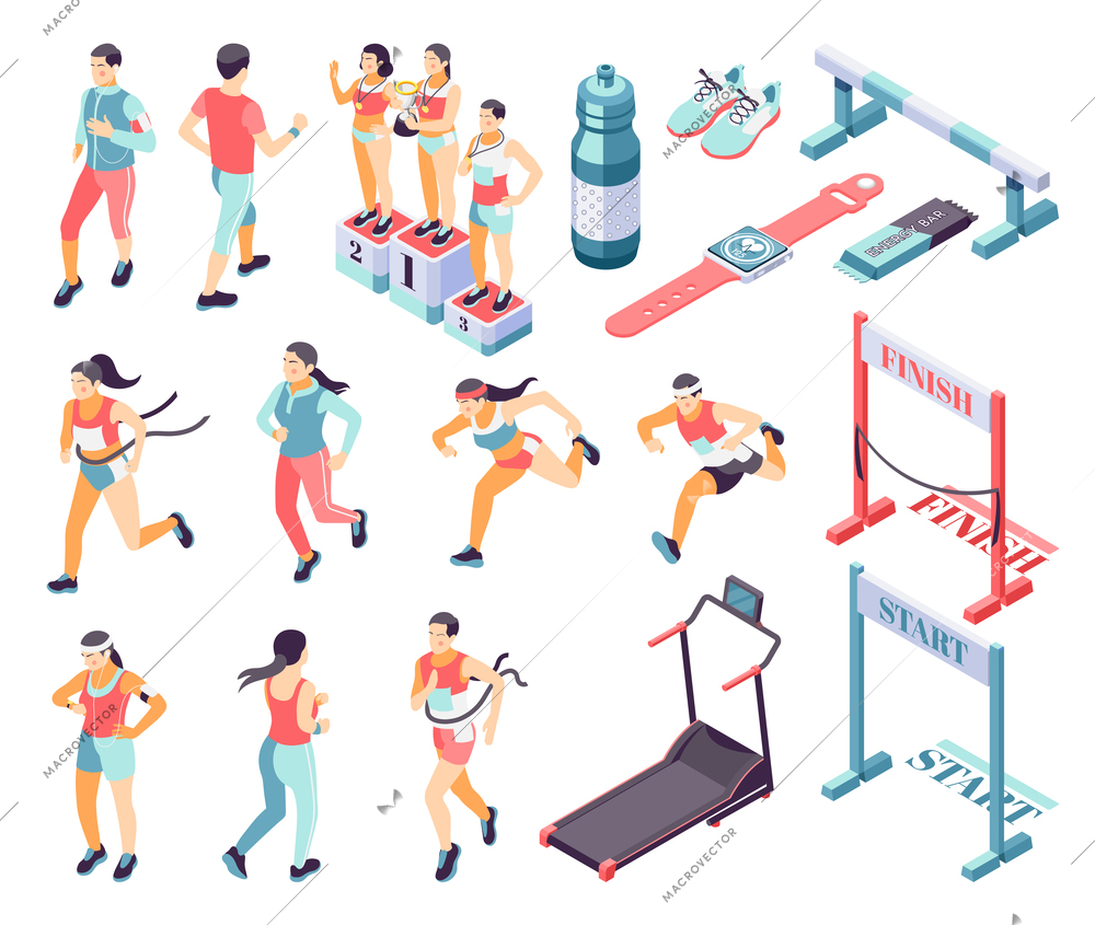 Jogging running fitness isometric icons set with start finish race winners podium treadmill hurdle recolor vector illustration