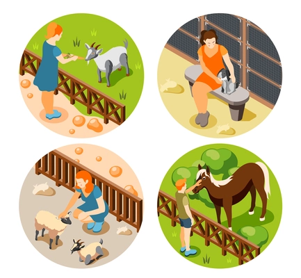 Four contact zoo isometric icon set with people feed and touch animals vector illustration