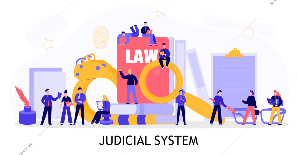 Judicial system concept flat composition with civil criminal investigation court documents law books handcuffs lawyers vector illustration