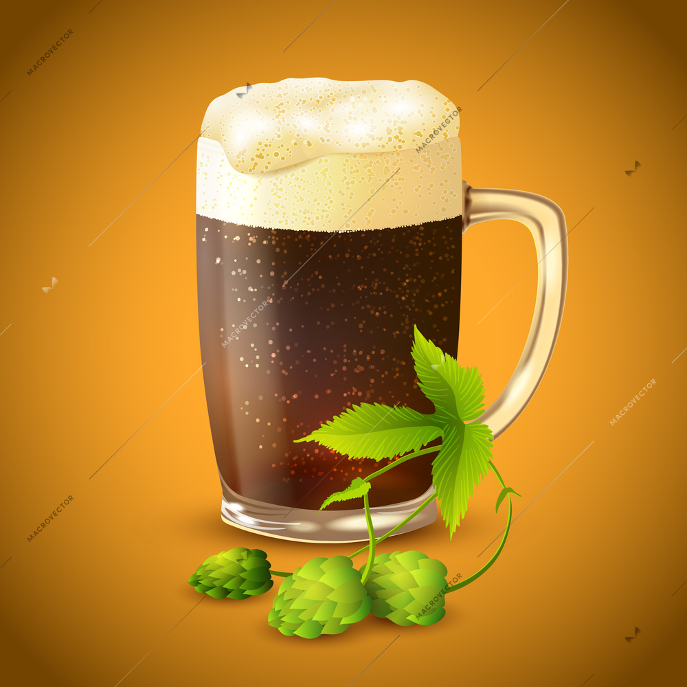 Cool frosty glass mug of cold dark beer with foam and hop branch background vector illustration