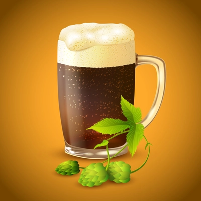 Cool frosty glass mug of cold dark beer with foam and hop branch background vector illustration