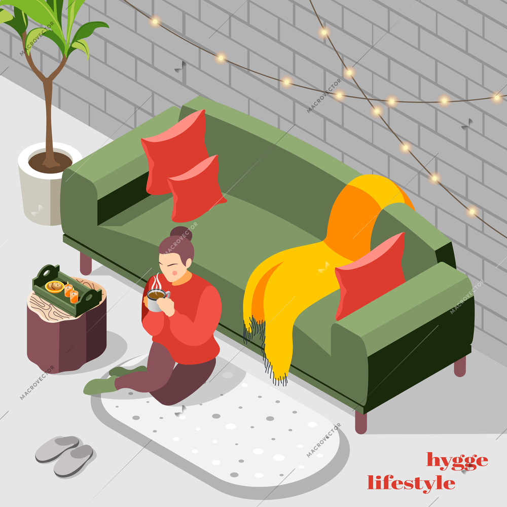 Woman in knitted sweater sitting on floor rug sipping hot chocolate hygge lifestyle isometric background vector illustration