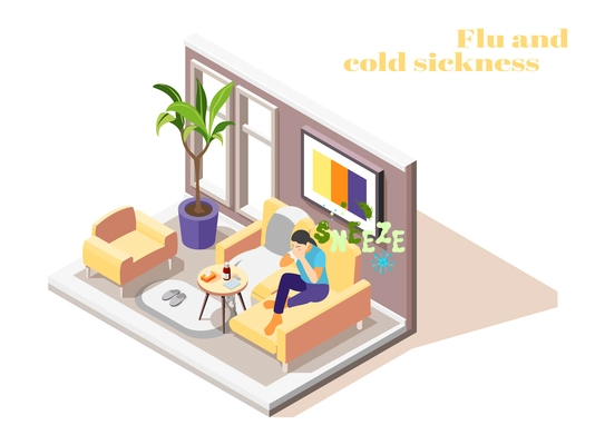Sick woman with flu cold fever sitting on couch at home sneezing with tissue isometric vector illustration