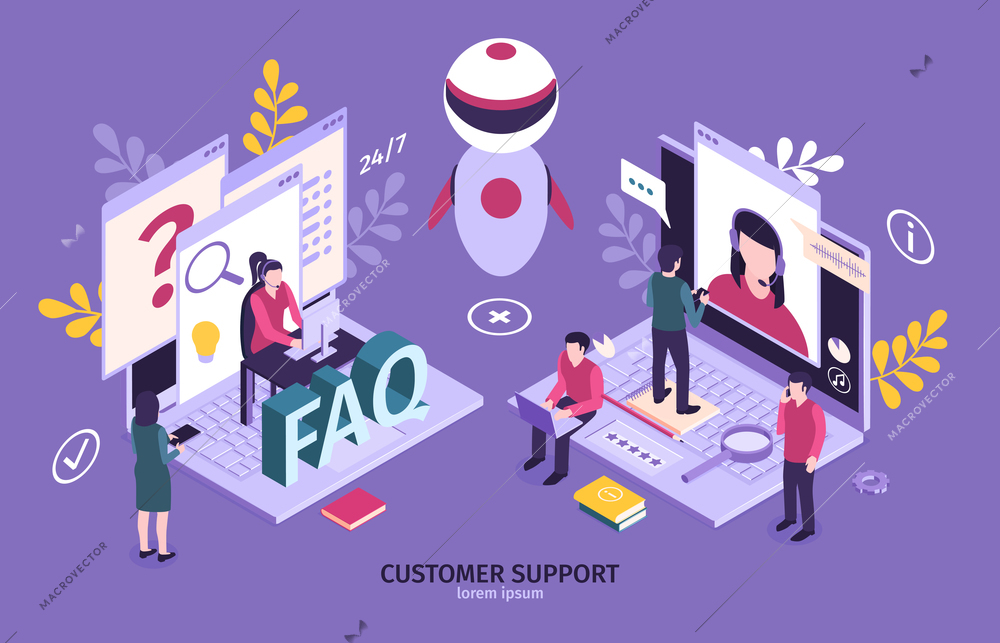 Isometric customer support faq horizontal composition with images of robot laptop computers and small people characters vector illustration