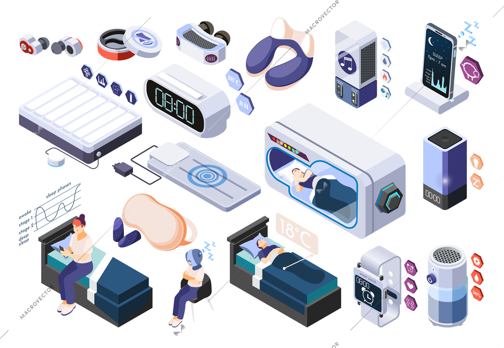 Hi-tech sleeping isometric recolor icon set with smart tools for good sleep vector illustration