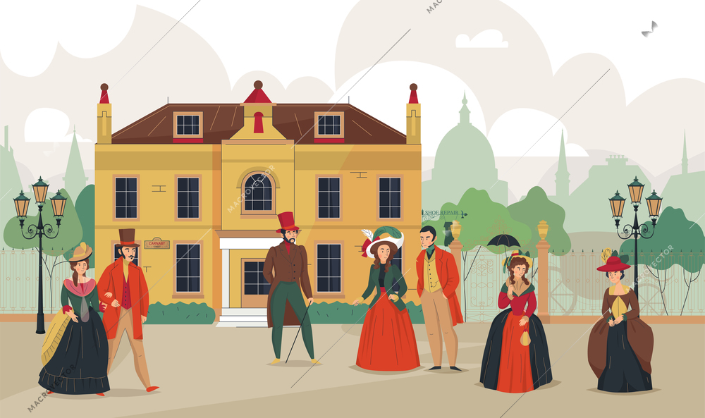 18th 19th century old town victorian composition with outdoor landscape historic cityscape and characters of people vector illustration