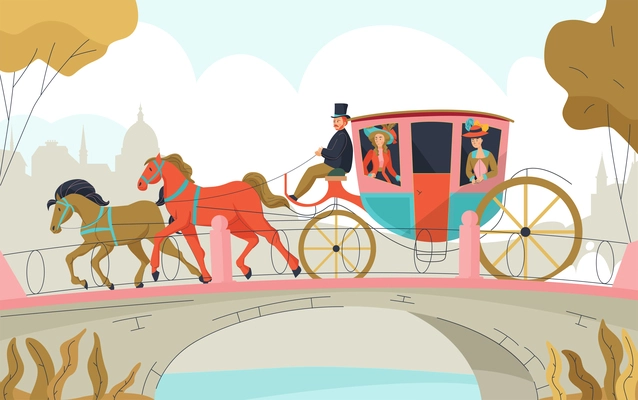 18th 19th century victorian old town carriage outdoor composition with two horses equipage passing the bridge vector illustration