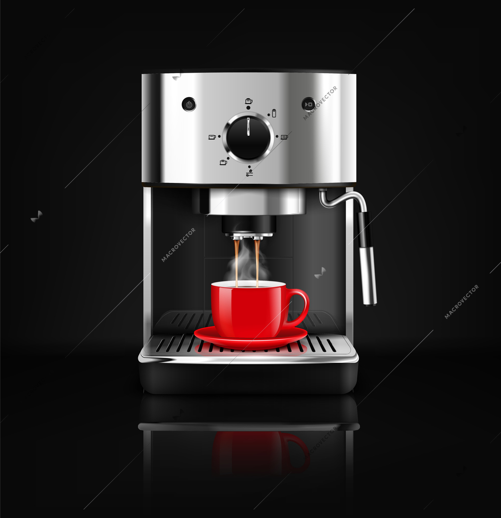 Black coffee machine realistic composition on dark background with reflection metal coating and red drinking cup vector illustration