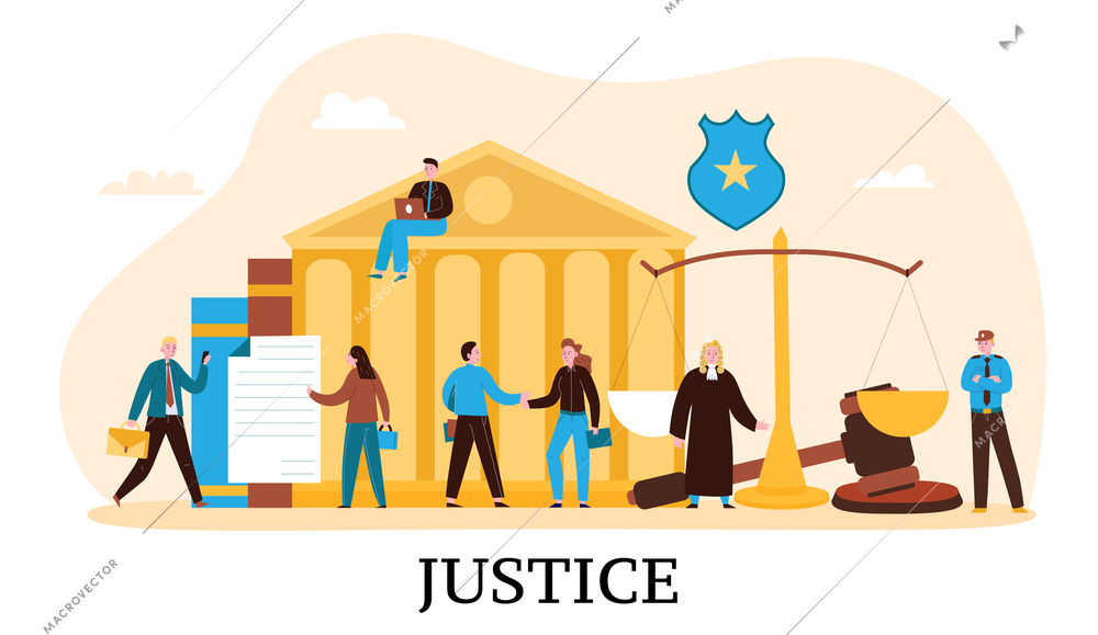 Law justice flat composition with courthouse judge balance verdict gavel court proceeding trial defendant attorney  vector illustration