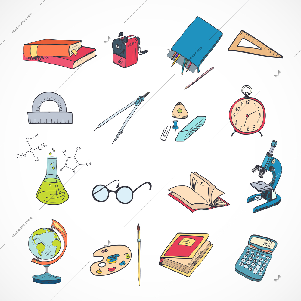 School education elements icons set with microscope drawing compasses stationery isolated vector illustration