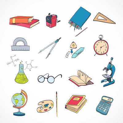 School education elements icons set with microscope drawing compasses stationery isolated vector illustration