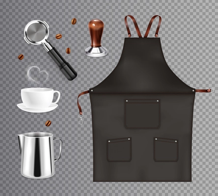 Barista coffee equipment realistic transparent set with isolated images of dickey kettles and cups with beans vector illustration