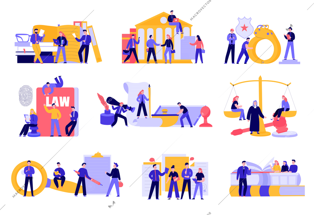 Law justice flat set with civil code books crime investigation courthouse judge trial balance imprisonment vector illustration