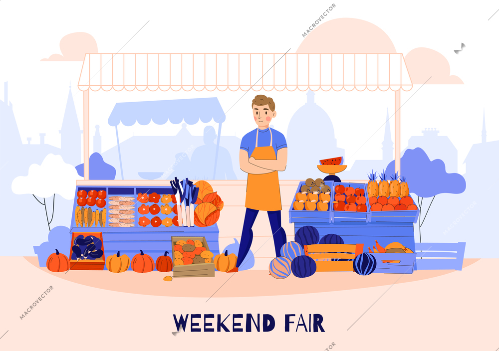 Fruits vegetables greens seller composition with human character in front of fruits stall with market background vector illustration