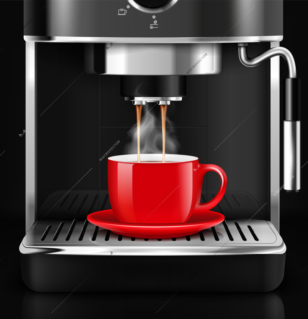 Coffee machine with cup realistic composition with front view and steamy plumes of hot liquid drink vector illustration