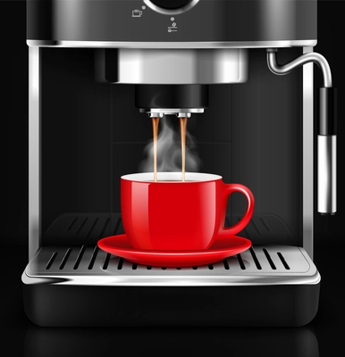 Coffee machine with cup realistic composition with front view and steamy plumes of hot liquid drink vector illustration