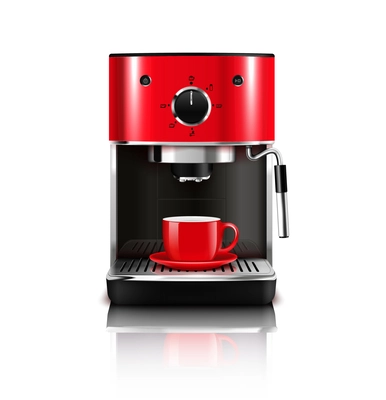 Coffee machine realistic composition with stylish red model for brewing hot drinks with cup and reflection vector illustration