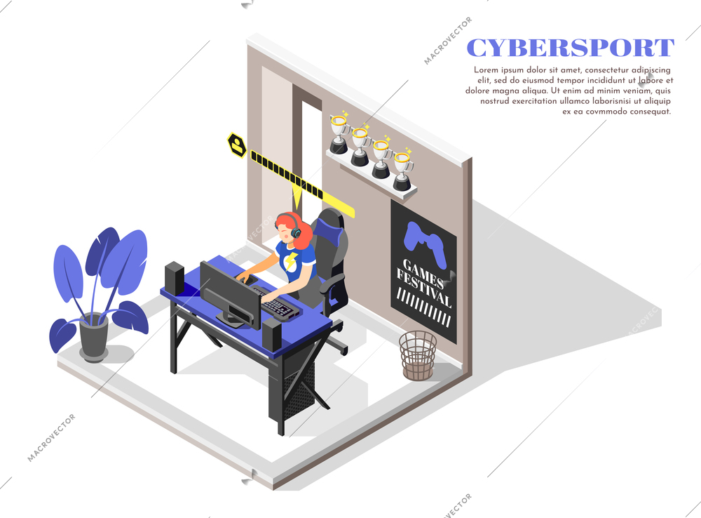 Cybersport isometric and colored composition isolated room with gaming computer and girl vector illustration