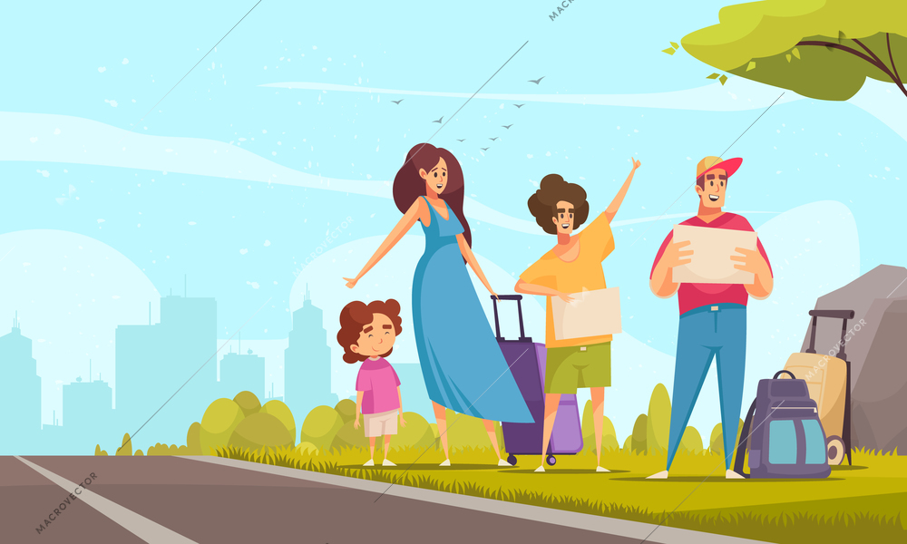 Happy family with child hitchhiking waiting for car by side on road cartoon vector illustration