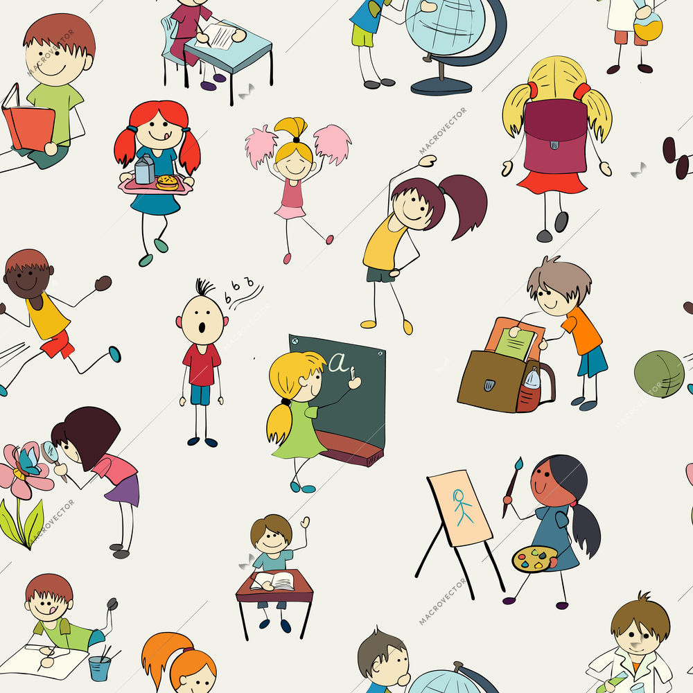 School girls and boys studying chemistry botany and gym activities colorful doodle sketch seamless pattern vector illustration