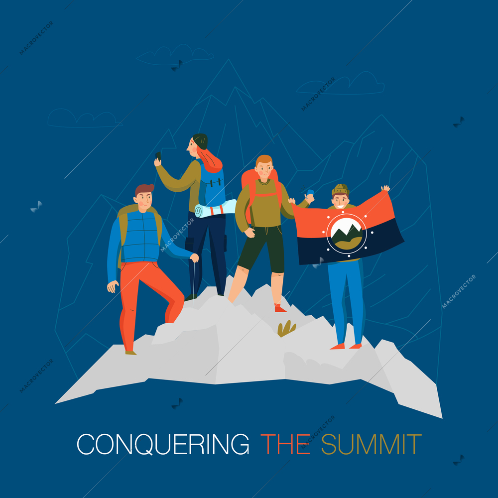 Mountains climbing trekking camping flat background composition with conquering  summit mountaineers standing with national flag vector illustration