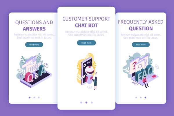 Isometric customer support faq vertical banners set with images clickable page switch buttons and editable text vector illustration