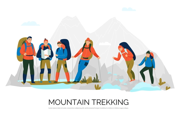 Hiking trekking tours flat composition with mountaineers in harness with climbing equipment mountain peaks on background vector illustration